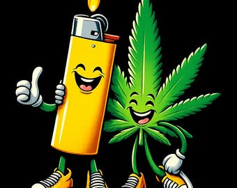 Happy Highs Cartoon Lighter And Cannabis Leaf PNG | Funny Weed Friends Sublimation Design | Stoner T-Shirt & Tumbler Design