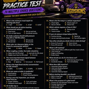 May include: A Class A CDL practice test graphic featuring a black semi-truck, twenty multiple-choice questions about commercial vehicle operation, an answer key, and a scoring guide. The design uses purple and gold accents on a dark background.