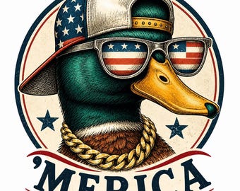 Patriotic Duck PNG | Funny Mallard with Gold Chain, USA Flag Sunglasses (Digital Download)