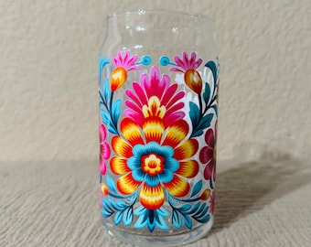 Pink & Teal Floral Glass Can Cup