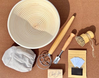 Sourdough Starter set 11 pcs, Banneton basket Rattan 100% 9" or 10" + liner linen+ Danish Whisk+ Lame bread with blades+ Bamboo brush. gift!