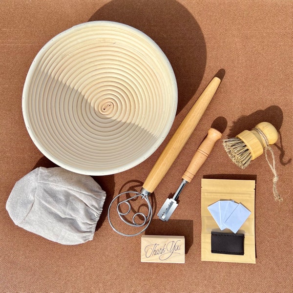 Sourdough Starter set 11 pcs, Banneton basket Rattan 100% 9" or 10" + liner linen+ Danish Whisk+ Lame bread with blades+ Bamboo brush. gift!