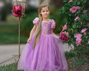 Disney Inspired Rapunzel Princess Dress Costume Set, Birthday Party Dress For Girls With Crown, Ball Gown, Dress Up, Rapunzel