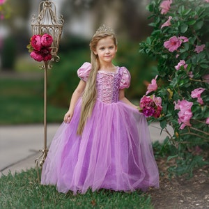 Ensemble de costumes inspirés de Disney, robe de princesse Raiponce, robe de fête d'anniversaire pour filles avec couronne, robe de bal, déguisement, Raiponce