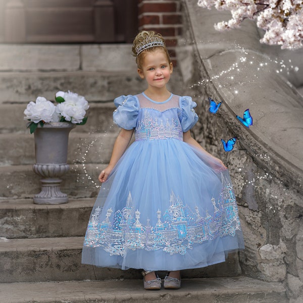 Elsa Inspired Princess Embroidery with Sequin  Ball Gown Dress-Up Set,  Ideal for Girls' Birthday Parties, Christmas Gift