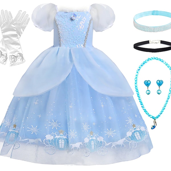 Disney Inspired Cinderella Princess Dress Costume Set, Birthday Party Dress For Girls With Crown, Ball Gown, Dress Up, Cinderella