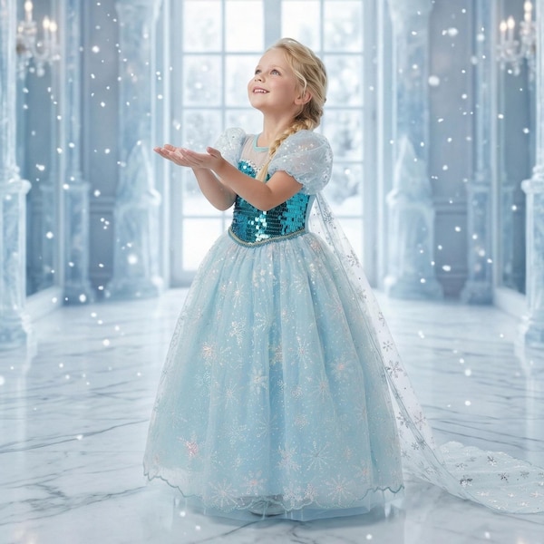 Elsa-Inspired Sequin Ice Queen Costume: Snowflake Cape Dress-Up Set