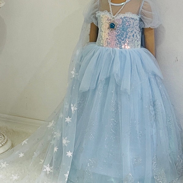 Frozen Elsa Princess Dress Costume Set, Birthday Party Dress For Girls With Crown, Ball Gown, Dress Up, Elsa