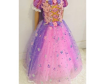 READY TO SHIP Disney Inspired Rapunzel Princess Dress Costume Set, Birthday Party Dress For Girls With Crown, Ball Gown, Dress Up, Rapunzel