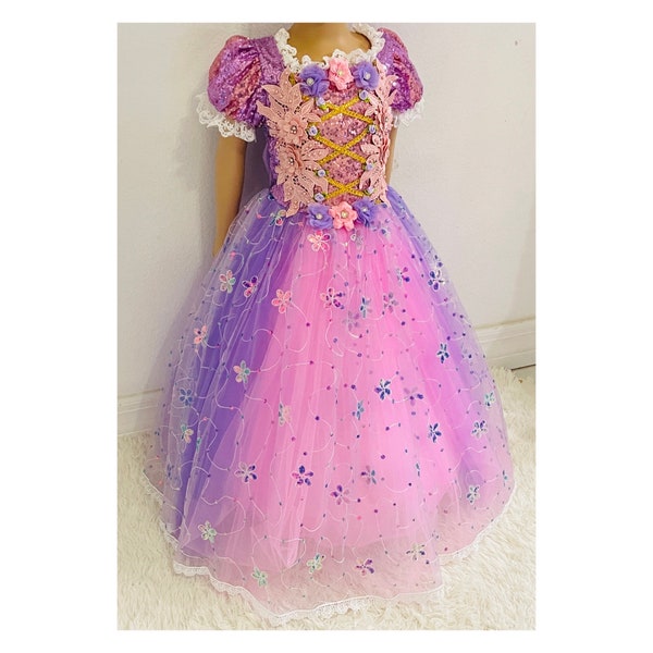 READY TO SHIP Disney Inspired Rapunzel Princess Dress Costume Set, Birthday Party Dress For Girls With Crown, Ball Gown, Dress Up, Rapunzel