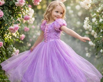Conjunto de vestido de princesa Rapunzel para niña: vestido de fiesta de cumpleaños, vestido de cuento de hadas y capa.