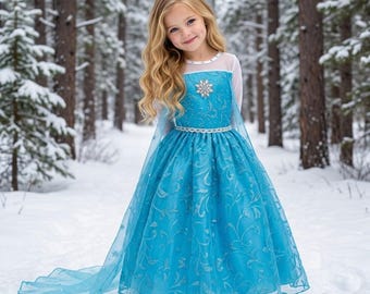 May include: A floor-length bright blue dress featuring a sheer white yoke, long sheer sleeves, and a silver snowflake embellishment at the chest. The skirt is adorned with a silver swirling pattern and a matching silver waistband with a long cape.