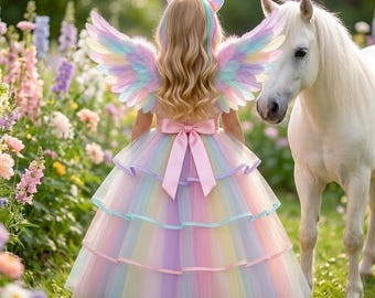 May include: A floor-length pastel rainbow dress with tiered tulle layers and a satin waist bow. The garment features large, feathered pastel wings and a matching unicorn headband with a gold horn, worn by a person with long blonde hair.