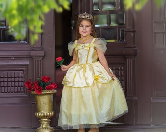 READY TO SHIP Disney Inspired  Belle Princess Dress Costume Set, Birthday Party Dress For Girls With Crown, Ball Gown, Dress Up, Belle