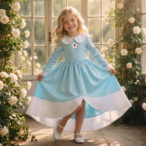 May include: A light blue dress with long sleeves, a white rounded collar, and a white star emblem on the chest. The skirt features a high-low hemline with a wide white border at the bottom and white lace trim at the sleeve cuffs, paired with white shoes.