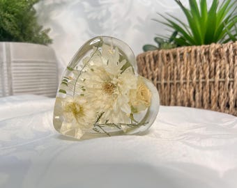 Custom Handmade Resin Heart, Floral Keepsake, Wedding Flowers (7cm)