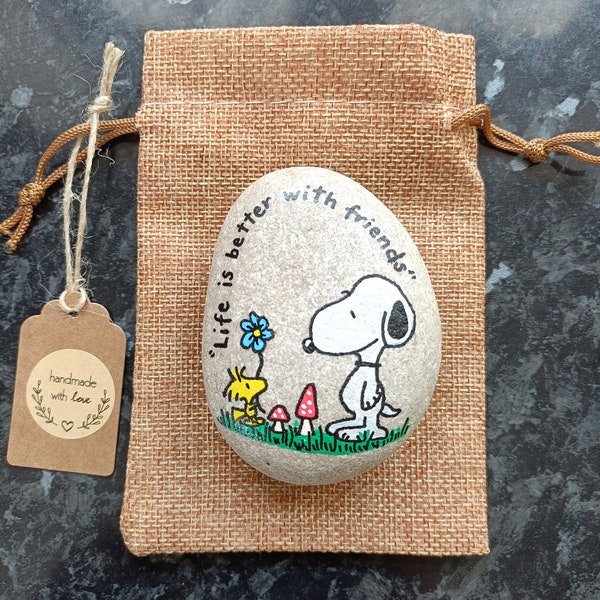 Snoopy & Woodstock Hand Painted Friendship Pebble/ Stone/ Rock. Comes with hessian gift bag. Gift, Keepsake, Paperweight