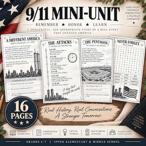 May include: A 16-page 9/11 mini-unit educational packet for grades 4-7. The pages feature historical text, timelines, comprehension questions, and a word search about the events of September 11, 2001, including illustrations of the Twin Towers and Pentagon.