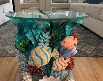 Hand painted plaster aquatic side table