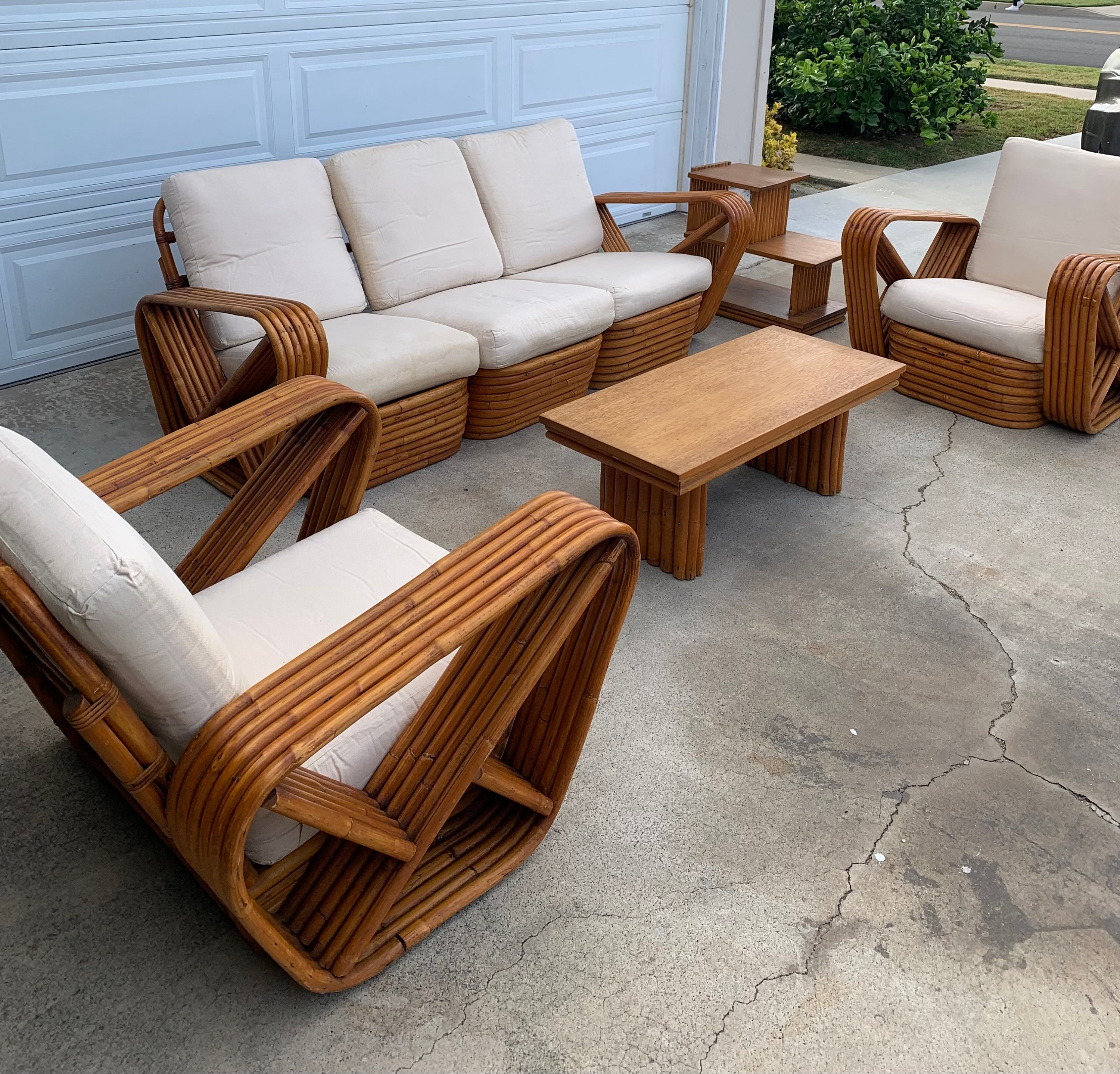 Original 7 Pieces Paul Frankl Pretzel Six Strand Rattan Bamboo