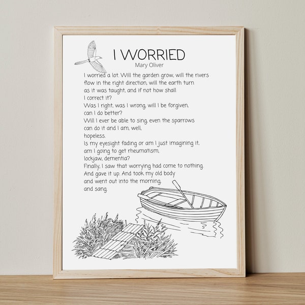 I Worried, Mary Oliver Poem Print,growth mindset, Cottagecore Printable, Minimalist Nature Print, Nature lover gift, healing art, grounding