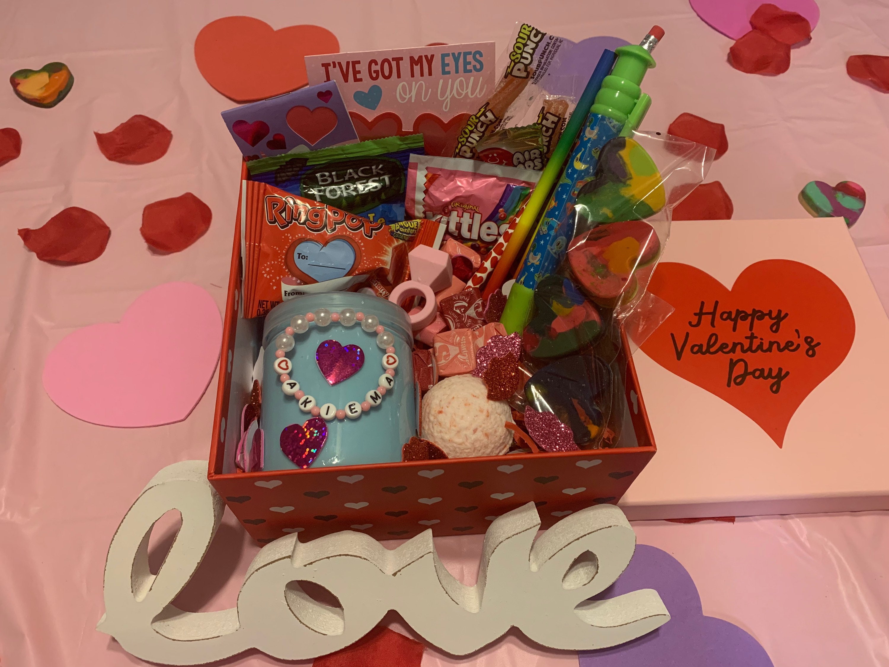Kids Valentines Gift Basket With Cookies, & Candy And Black Bow