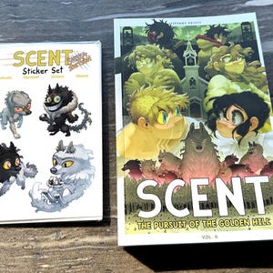 May include: A white sticker set featuring four cartoon wolf-like creatures with various expressions. Next to it is a book titled "SCENT: The Pursuit of the Golden Hill, Vol. 4" with a colorful illustration of characters and wolves.