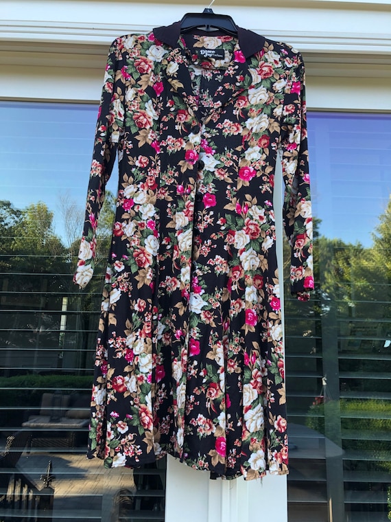 Vintage 1970s Dress Black Floral Button Up Dress … - image 1