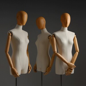Linen Half Body Mannequin: Fiberglass Head, Wooden Arms