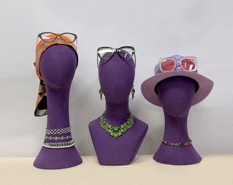 Tête de mannequin en daim violet/vert - Modèle féminin à épingler pour présentation de chapeaux et de bijoux, support de chapeau unique, parfait pour les propriétaires de boutique