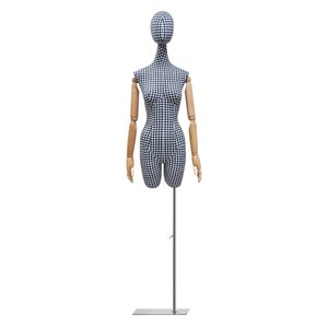Plaid Fabric Mannequin: Female Half Body Display with Wooden Arms
