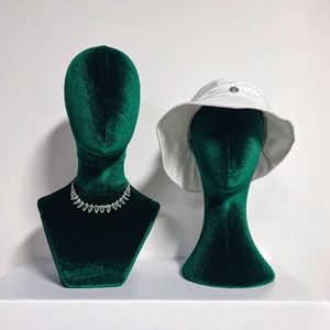 Green Velvet Head Model: Luxury Fully Pinnable Fabric Mannequin, Hat Wig Display