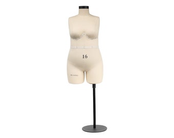 May include: A beige fabric dress form with a black stand. The dress form is labeled "16" and "DE LIANG".