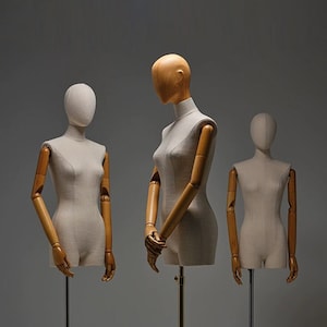 Linen Female Mannequin: Half Body Display with Wooden Arms