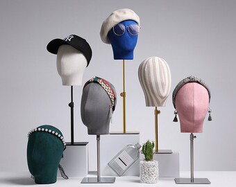 Tête de mannequin en daim réglable, bloc de chapeau de mannequin féminin et masculin en lin, porte-chapeau en métal, accessoires de support de haute qualité pour boutique de cheveux