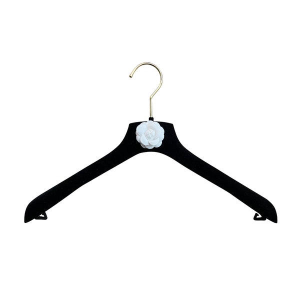 DE-LIANG Luxury Black Velvet Hanger, Clothing Hanger with Camellia, Clothing Display Rack, Bottom Clip Pant clothing hanger Non-slip,Bridal