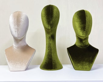 Modèle de tête luxueux en velours vert olive, mannequin de tête en tissu à épingles, support/présentoir pour bonnet, support pour perruque en dentelle, support pour chapeau avec tissu