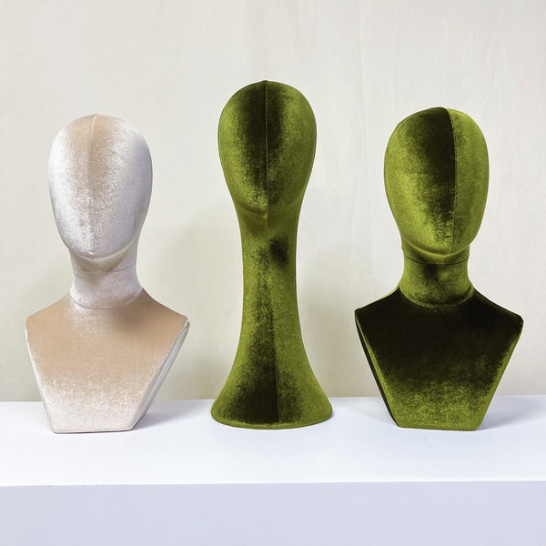 Luxurious Olive-Green Velvet Head Model, Can Pinnable Cloth Head Mannequin, Head Hat Stand/Display, Lace Head Wig Stand, Hat Rack W/ Fabric