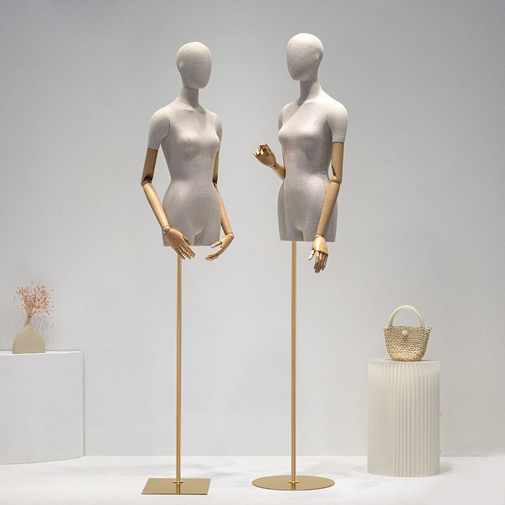 竹製リネン女性マネキン胴体：木製アーム付きウェディングドレス