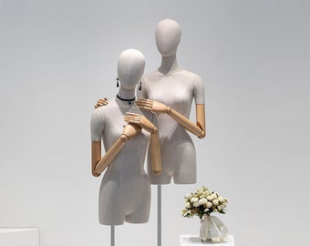 High Grade Female Mannequin Torso,Women Wedding Dress Display Model,Bamboo Linen Fabric Clothing Dress Form,Adult Props with Wooden Arms