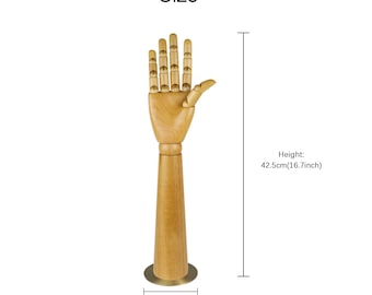 Maniquí de mano de madera: modelo articulado móvil para exhibición de joyas.