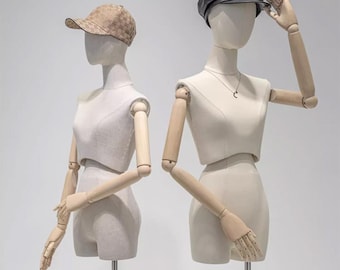 竹リネンマネキントルソー：調節可能な木製アームとシルバーベース