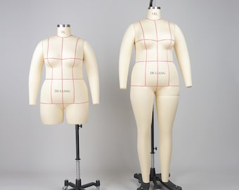 May include: Two dress forms, one full-length and one torso, both with red grid markings. The full-length form is on a black stand with wheels. The torso form is on a black stand with a spring-loaded base and wheels. Both forms are labelled "1XL" and "DE-LIANG".