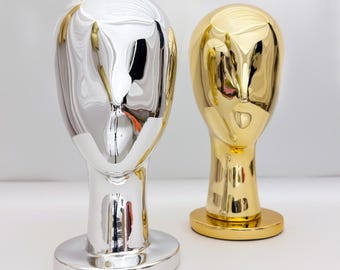 DE-LIANG Gold & Silver Fiberglass Head Mannequin, Chrome 33-40-59cm mannequin head with Detachable Base for Hat Wig Jewelry Display*1pcs