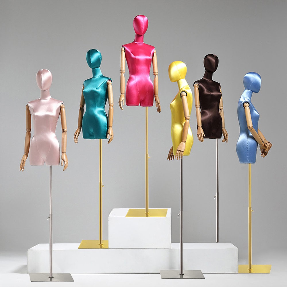 Satin Half Body Mannequin: Adjustable Dress Form with Wooden Arms