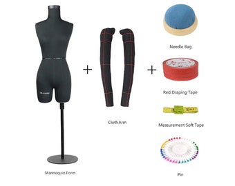 Black Half Scale Dress Form for Sewing with Draping Tape/Pin/Scissor/half scale cotton arms/Measurement Soft Tape/Wrist Needle Bag, 7pcs set