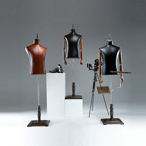 High-end Male Mannequin Torso,Leather Fabric Men Bust Model Prop,Dummy Maniquin Body for Pants/Suit Display,Adult Dress Form with Wood Base