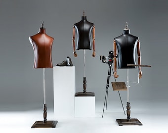 High-end Male Mannequin Torso,Leather Fabric Men Bust Model Prop,Dummy Maniquin Body for Pants/Suit Display,Adult Dress Form with Wood Base