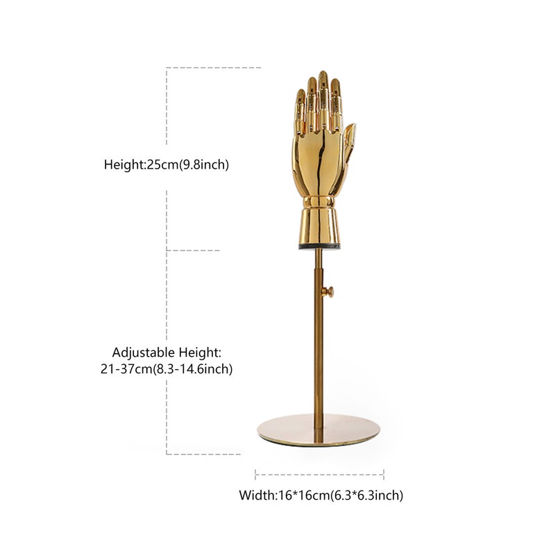 Fashion Electroplating Hand Mannequin,Female Plated Golden Left and Right Hand Model Props,Movable Fingers for Jewelry Display,Ring Holder 25cm+Gold RoundBase