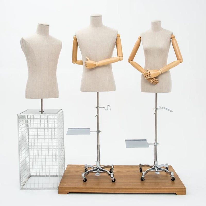 Adjustable Female Half-Body Mannequin with Linen Cover and Wooden Arms for Clothing Display